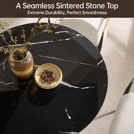 Round Sintered Stone Dining Table with Fluted Oak Base
