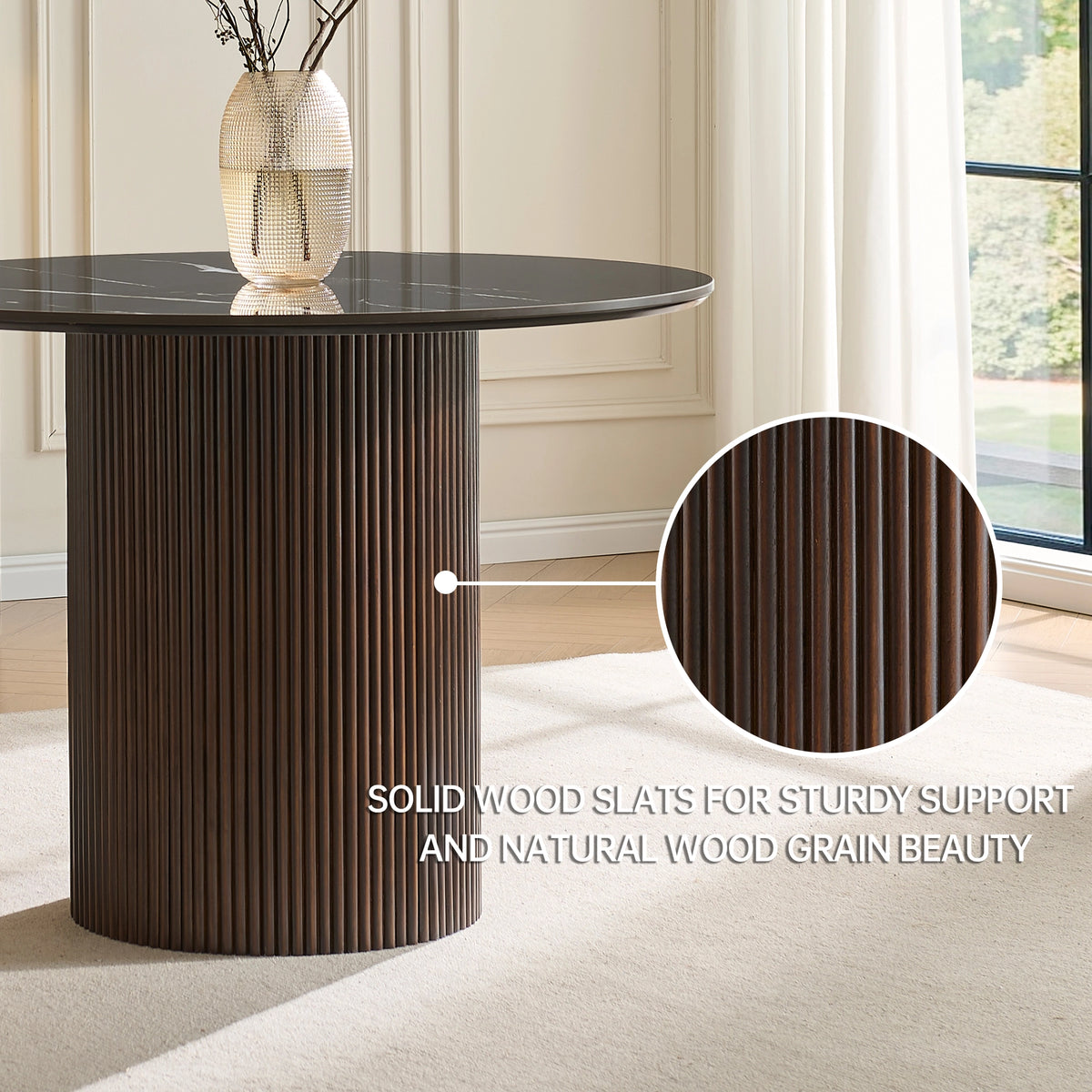 Round Sintered Stone Dining Table with Fluted Oak Base