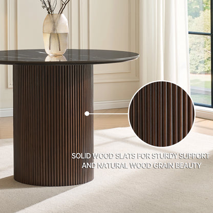 Round Sintered Stone Dining Table with Fluted Oak Base