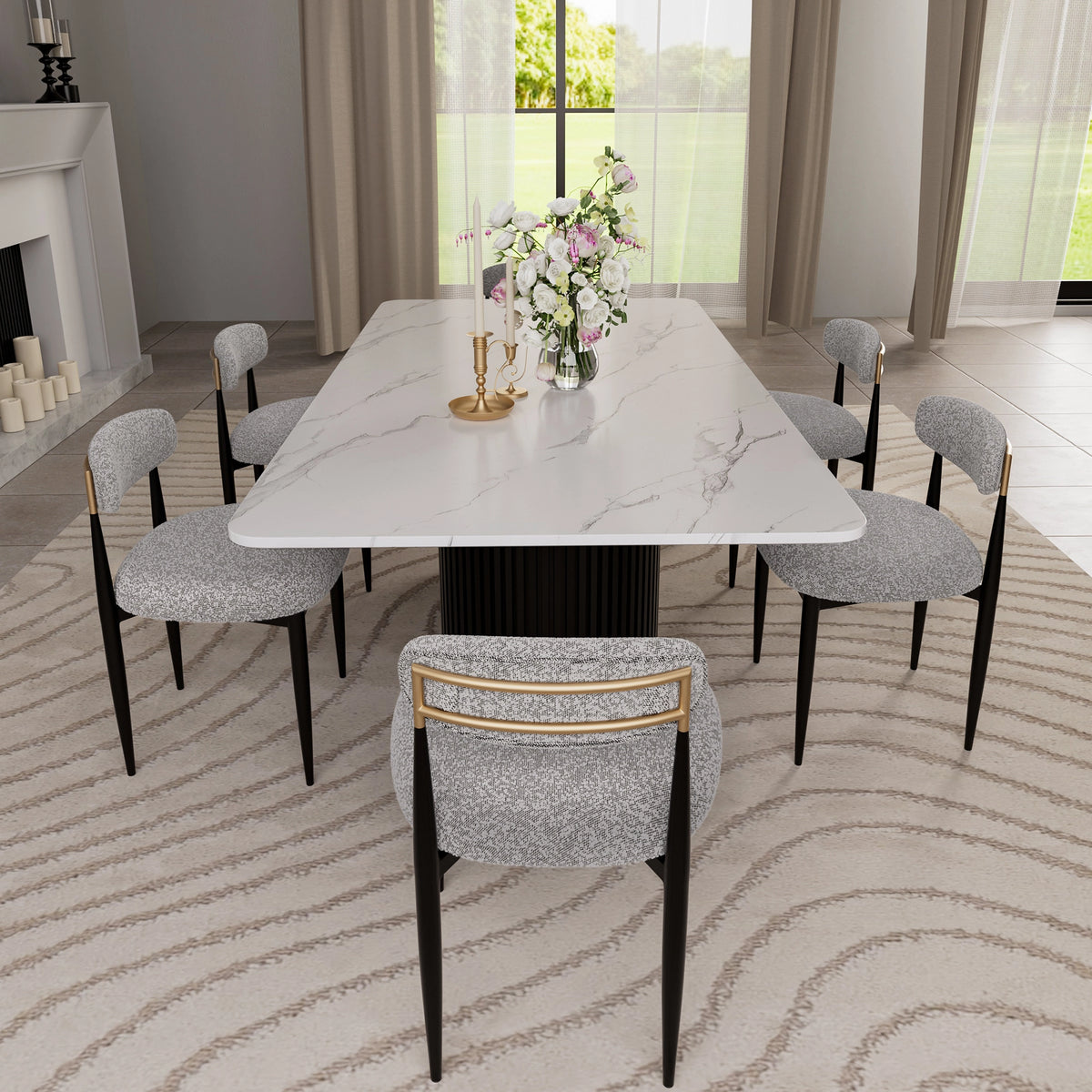 7-Piece Faux Marble Dining Table & Boucle Chair Set
