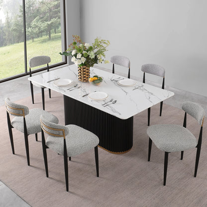 7-Piece Faux Marble Dining Table & Boucle Chair Set