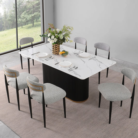7-Piece Faux Marble Dining Table & Boucle Chair Set