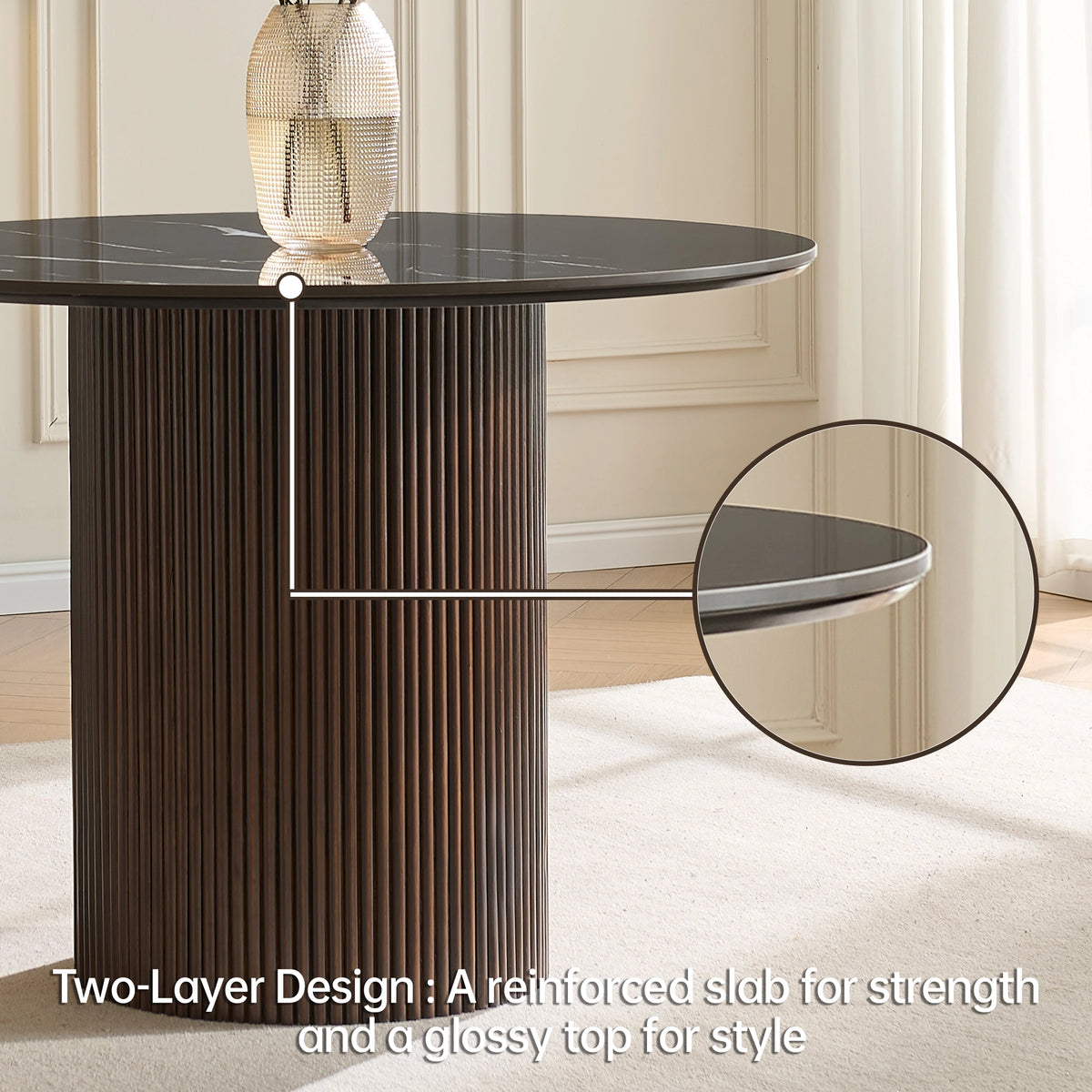 Round Sintered Stone Dining Table with Fluted Oak Base