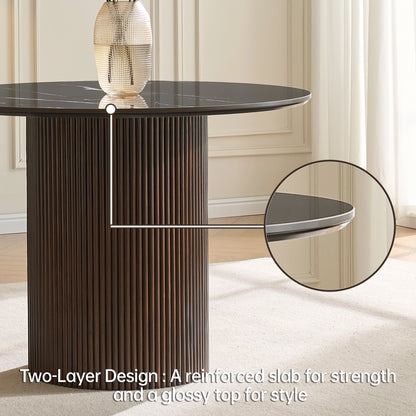 Round Sintered Stone Dining Table with Fluted Oak Base