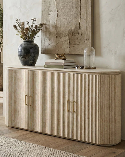 Luxury Beige Travertine Console Cabinet with Petal Edge & Storage