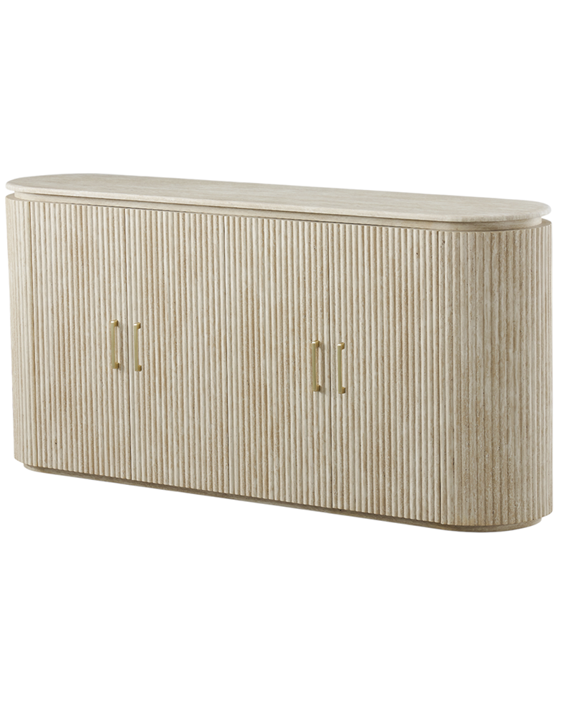 Luxury Beige Travertine Console Cabinet with Petal Edge & Storage