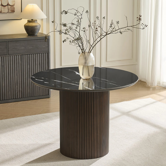 Round Sintered Stone Dining Table with Fluted Oak Base